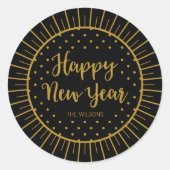 Elegant Zwart Starburst Script Gelukkig Nieuwjaar Ronde Sticker (Voorkant)
