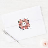 Elegant Zwart Streep Roze Heirloom Rozen Bruiloft Vierkante Sticker (Envelop)