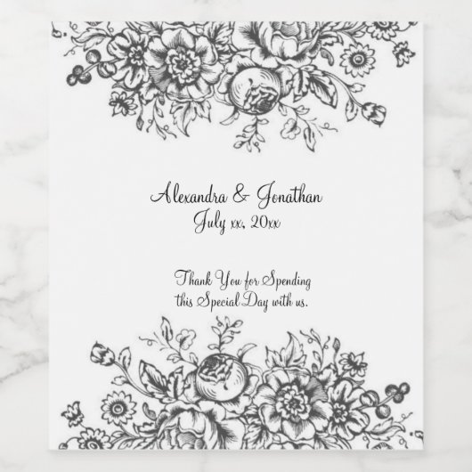 Elegant Zwart Toile Bloemmotief Wijn Etiket (Enkel label)
