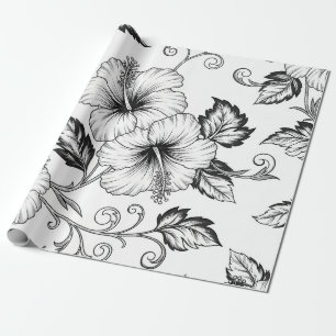 Elegant Zwart Wit Bloem Motief Lijn Kunst Patroon Cadeaupapier