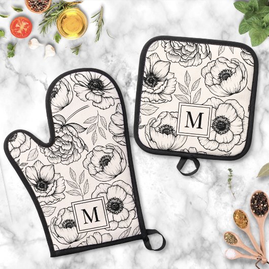 Elegant Zwart Wit Bloem Motief Monogram Ovenwant & Pannenlap Set