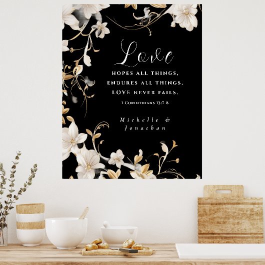 Elegant Zwart Wit Bloemen Bruiloft Christelijk Bij Poster (Keuken)