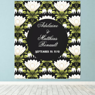 Elegant Zwart & Wit Bloemen Bruiloft: Kalligrafie Canvas Afdruk
