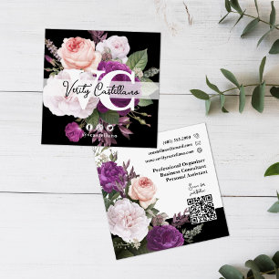 Elegant Zwart & Wit Bloemen Eenvoudig Persoonlijk Vierkante Visitekaartje