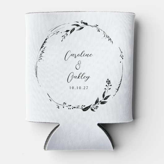 Elegant Zwart Wit Bloemen Krans Bruiloft Custom Blikjeskoeler (Voorkant)