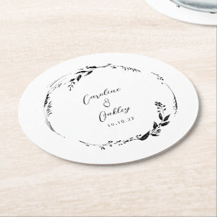 Elegant Zwart Wit Bloemen Krans Bruiloft Custom Ronde Kartonnen Onderzetter