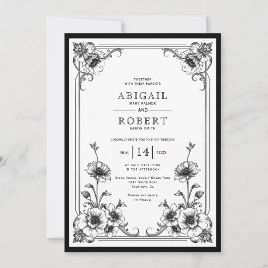 Elegant zwart wit bloemen lijst bruiloft kaart (Voorkant)