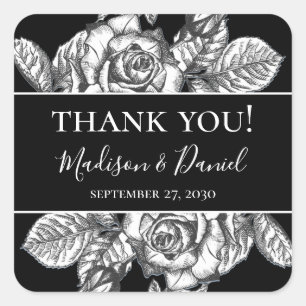Elegant zwart wit bloemenbruiloft dank u vierkante sticker