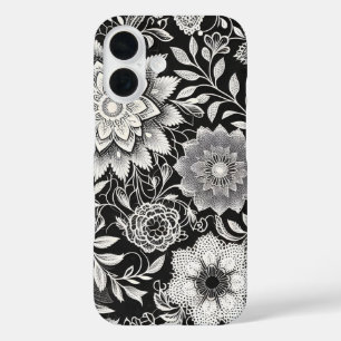 Elegant zwart-wit bloemenkantpatroon iPhone 16 hoesje