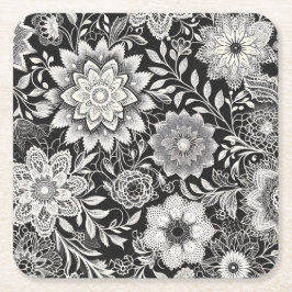 Elegant zwart-wit bloemenkantpatroon vierkante kartonnen onderzetter