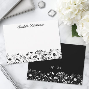 Elegant zwart-wit bloemenmonogram notitiekaartje
