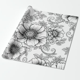 Elegant zwart-wit bloemmotief in lijnkunst (5) cadeaupapier
