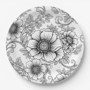 Elegant zwart-wit bloemmotief in lijnkunst (5) papieren bordje