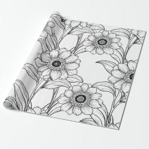 Elegant zwart-wit bloemmotief in lijnkunstpatroon cadeaupapier