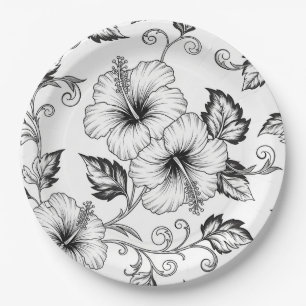 Elegant zwart-wit bloemmotief lijnkunstpatroon (3) papieren bordje