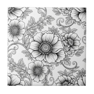 Elegant zwart-wit bloemmotief lijnkunstpatroon (5) tegeltje
