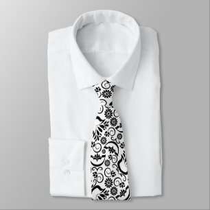 Elegant zwart-wit bloemmotief met vintage scrollwe stropdas