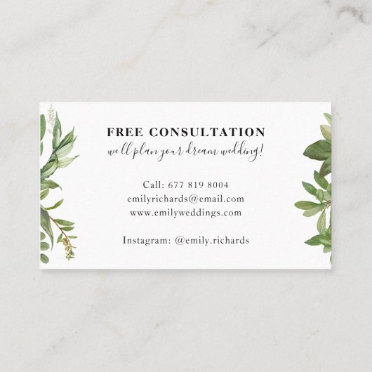 Elegant zwart-wit botanisch blad script visitekaartje (Achterkant)