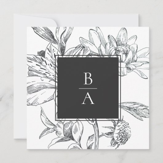 Elegant Zwart Wit Botanisch Bloemen Bruiloft Kaart (Voorkant)