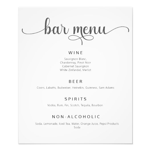 Elegant Zwart-Wit Bruiloft Bar Menu Poster (Voorkant)