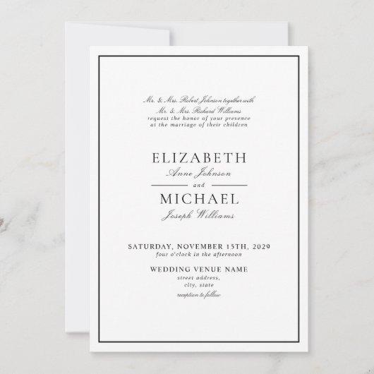 Elegant Zwart Wit Classic Script Details Huwelijk Kaart (Voorkant)