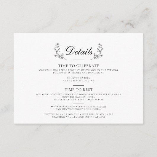 Elegant Zwart & Wit Crest Bruiloft Informatiekaartje (Voorkant)