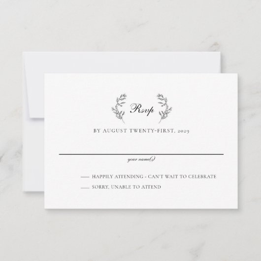 Elegant Zwart & Wit Crest Bruiloft RSVP Kaartje (Voorkant)