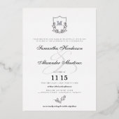 Elegant Zwart & Wit Crest met Details Bruiloft Folie Uitnodiging (Voorkant)