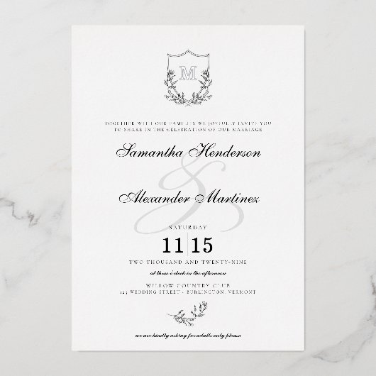 Elegant Zwart & Wit Crest met Details Bruiloft Folie Uitnodiging (Voorkant)