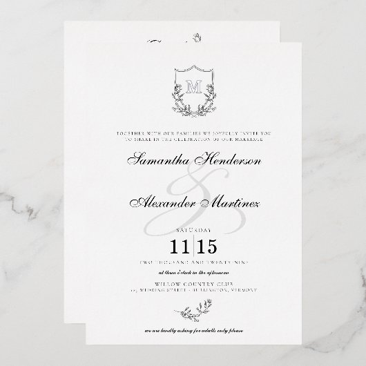 Elegant Zwart & Wit Crest met Details Bruiloft Folie Uitnodiging (Voorkant / Achterkant)