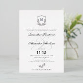 Elegant Zwart & Wit Crest met Details Bruiloft Folie Uitnodiging (Staand Voorkant)