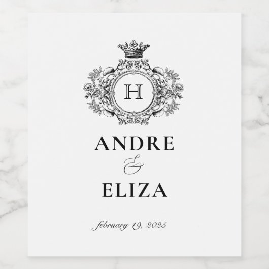 Elegant zwart-wit crest monogram wijn etiket (Enkel label)