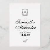 Elegant Zwart & Wit Crest Sla de datum op Folie Uitnodiging (Voorkant)