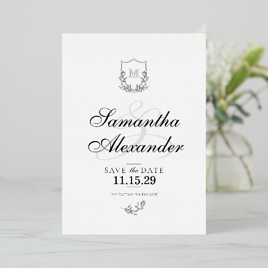 Elegant Zwart & Wit Crest Sla de datum op Folie Uitnodiging (Staand Voorkant)