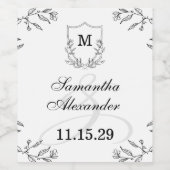 Elegant Zwart & Wit Crest Sla de datum op Wijn Etiket (Enkel label)