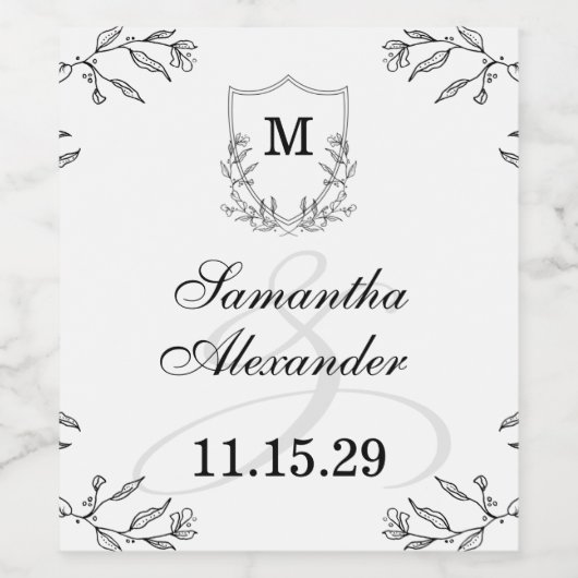 Elegant Zwart & Wit Crest Sla de datum op Wijn Etiket (Enkel label)