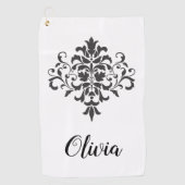 Elegant  zwart-wit damast gepersonaliseerd golfhanddoek (Voorkant)