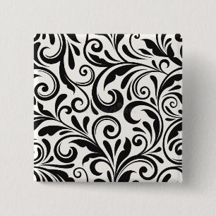Elegant zwart-wit damast rolwerkpatroon vierkante button 5,1 cm