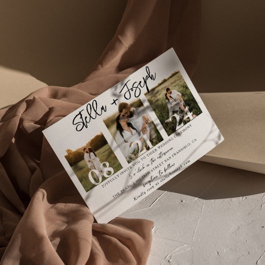 Elegant Zwart & Wit Drie foto's Collage Bruiloft Kaart