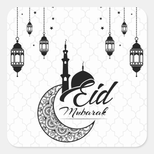 Elegant zwart-wit Eid Mubarak Vierkante Sticker (Voorkant)