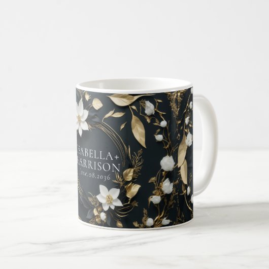 Elegant Zwart Wit en Goud Bloemen Bruiloften Gesch Koffiemok (Voorkant rechts)