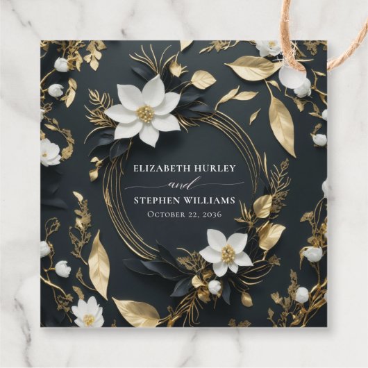 Elegant Zwart Wit en Goud Bloemen Krans Bruiloft Bedankjes Labels (Achterkant)