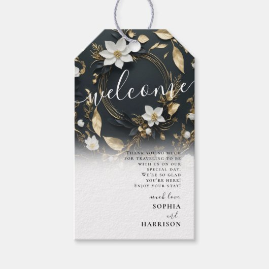 Elegant Zwart Wit en Goud Bloemen Krans Bruiloft Cadeaulabel (Voorkant)