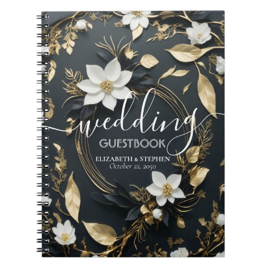 Elegant Zwart Wit en Goud Bloemen Krans Bruiloft Notitieboek (Voorkant)