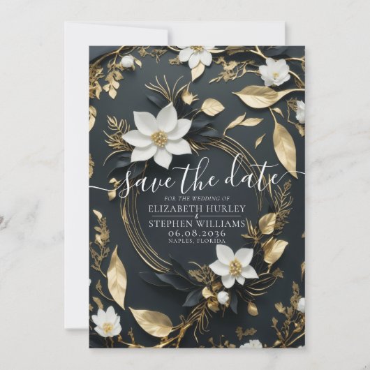 Elegant Zwart Wit en Goud Bloemen Krans Bruiloft Save The Date (Voorkant)