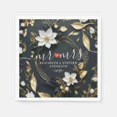 Elegant Zwart Wit en Goud Bloemen Krans Bruiloft Servet (Voorkant)