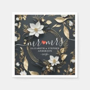 Elegant Zwart Wit en Goud Bloemen Krans Bruiloft Servet