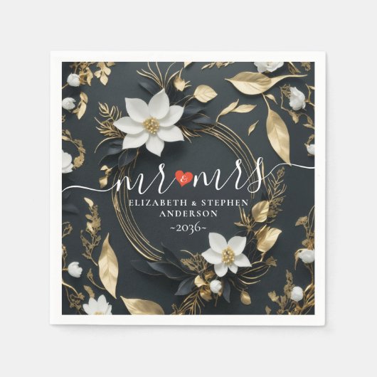 Elegant Zwart Wit en Goud Bloemen Krans Bruiloft Servet (Voorkant)