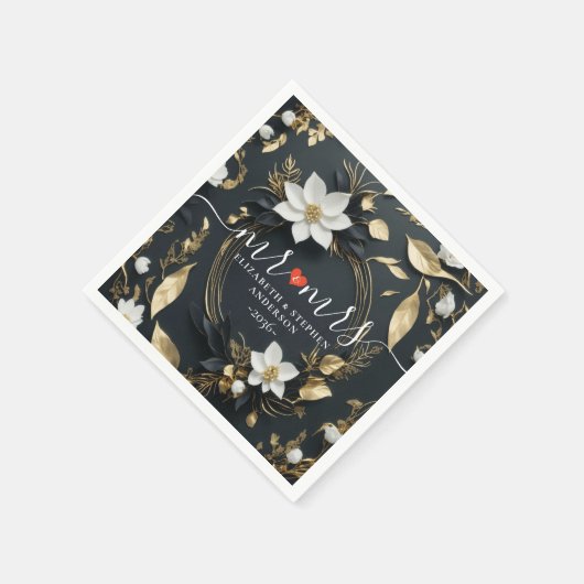 Elegant Zwart Wit en Goud Bloemen Krans Bruiloft Servet (Hoek)