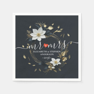 Elegant Zwart Wit en Goud Bloemen Krans Bruiloft Servet